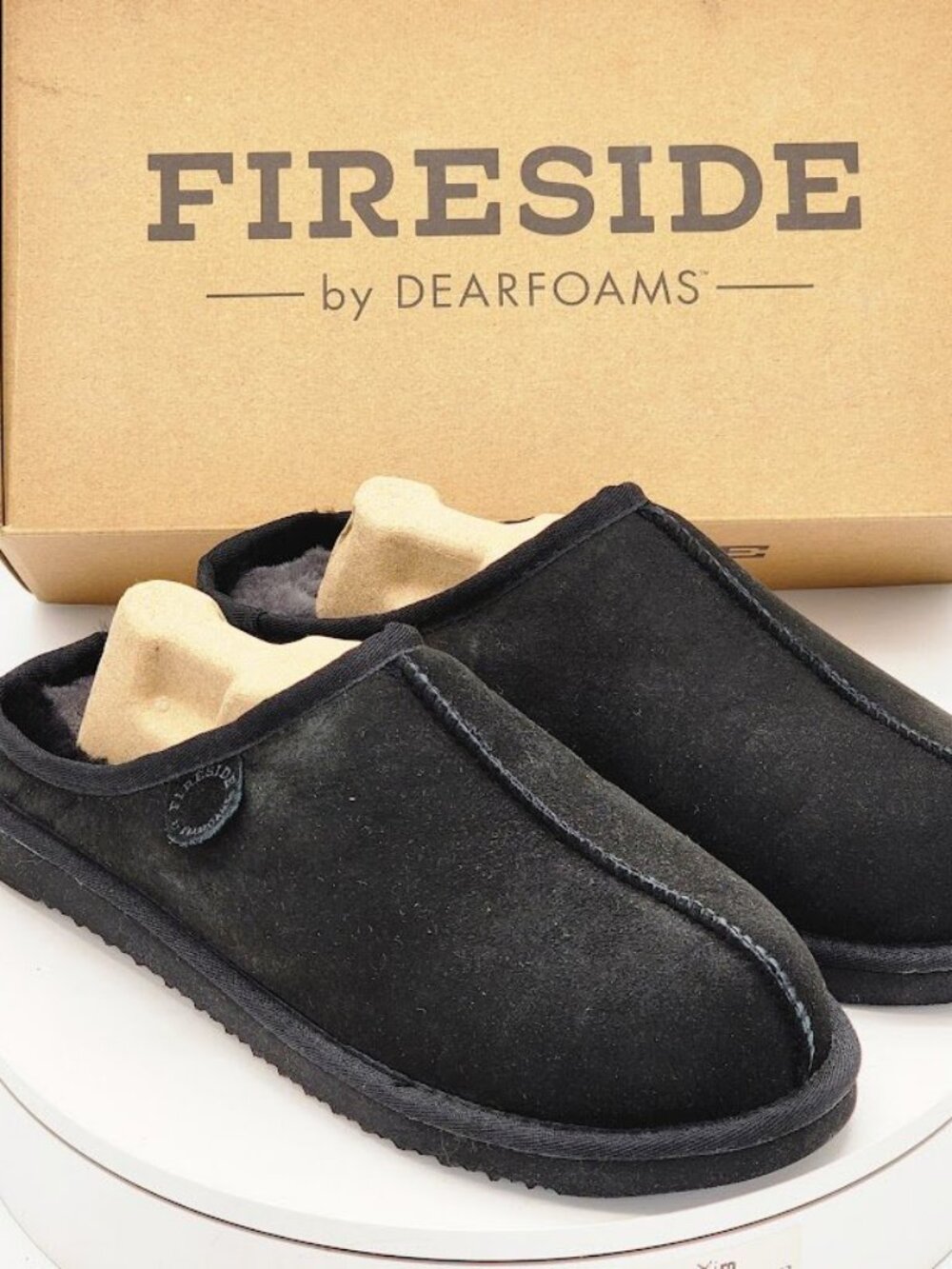 Fireside by Dearfoams Men’s Size 11 Black Suede Shearling Clog Slippers